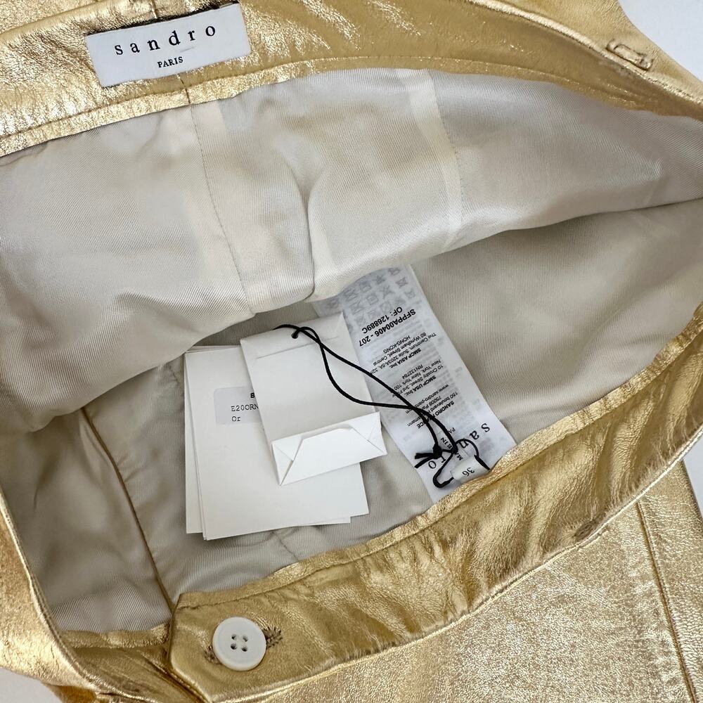 Sandro Metallic Lambskin Leather Kick Flare Pants Gold Ankle Crop FR 36 US 4 NWT - Picture 13 of 16